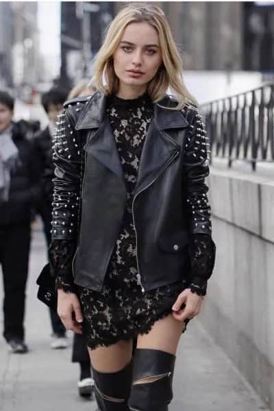 Black and Silver Spiked Leather Jacket with Lace Mini Dress