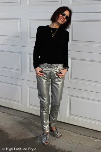 Black Knit Sweater with Silver Leather Pants