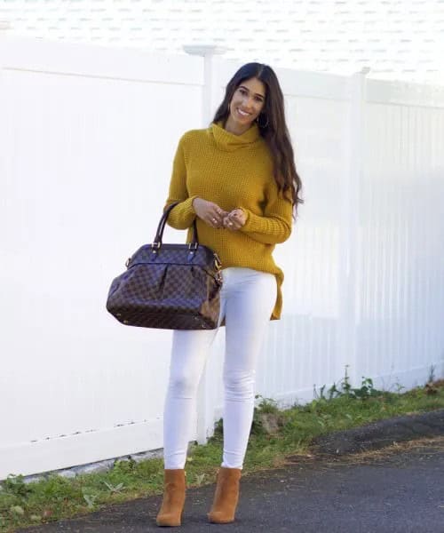 Mustard Yellow Ribbed Cowl Neck Sweater with White Skinny Jeans