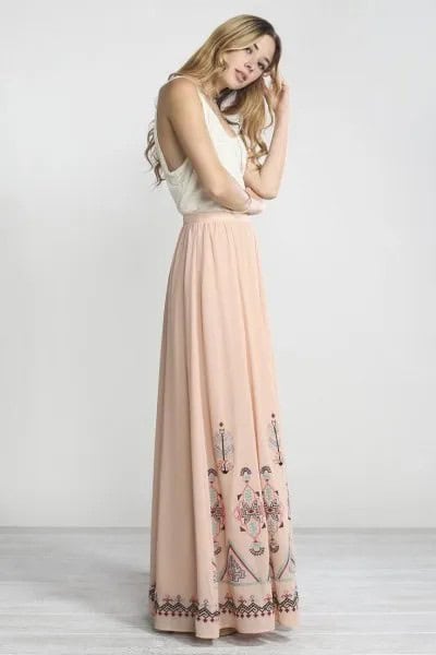 White Vest Top with Pale Pink Floor Length Bohemian Skirt