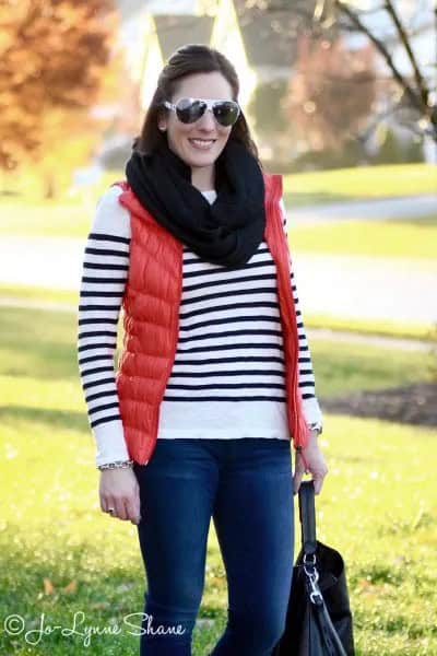 Orange Down Vest with Black Infinity Scarf & Striped Sweater