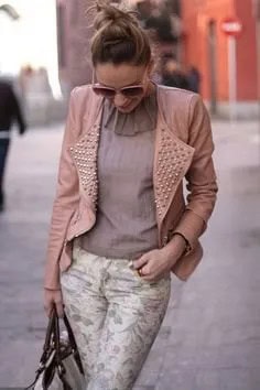 Pale Pink Spiked Leather Jacket with Chiffon Blouse