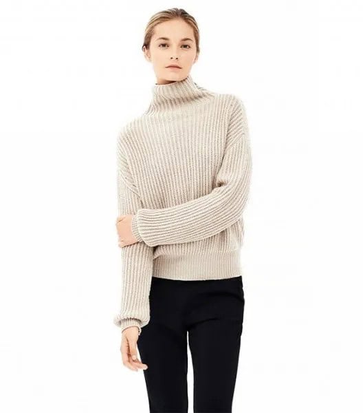 Beige Mock Neck Ribbed Sweater with Black Skinny Jeans