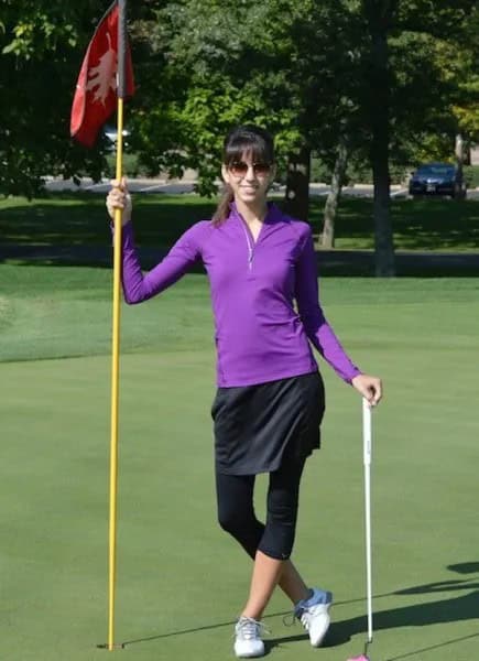 Neon Pink Long Sleeve Form Fitting Polo Shirt with Black Skort & Leggings