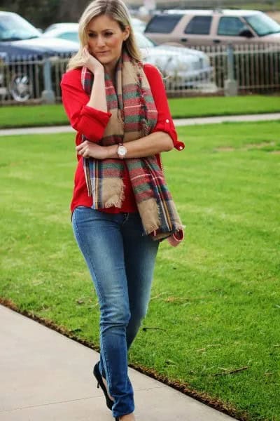 Red Button Up Shirt with Crepe Tartan Scarf