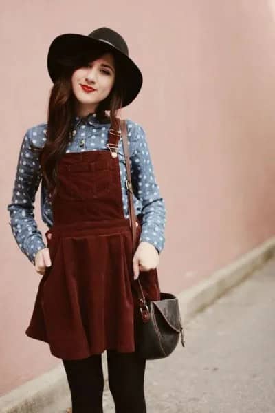 Grey Polka Dot Shirt with Burgundy Pinafore Dress