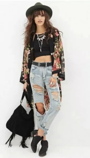 Black Floral Chiffon Cardigan with Crop Top & Ripped Boyfriend Jeans