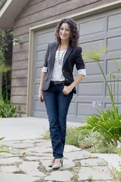 Grey Half Sleeve Blazer with White Blouse & Dark Jeans