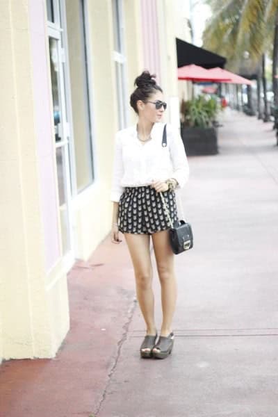 White Button Up Blouse with Black and Pink Printed Cute Flowy Shorts