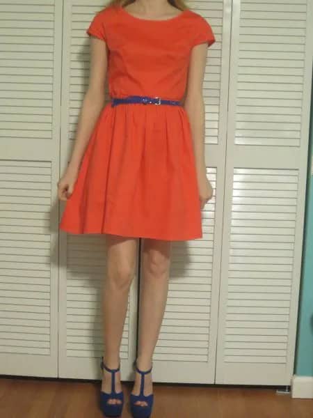 Orange Cap Sleeve Mini Skater Dress with Blue Narrow Leather Belt