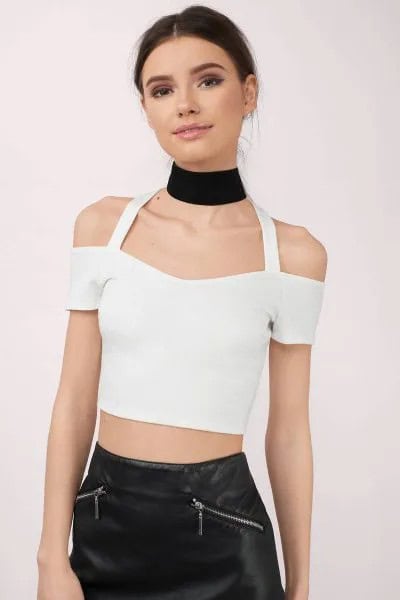 White Cold Shoulder Crop Top with Black Leather Skirt