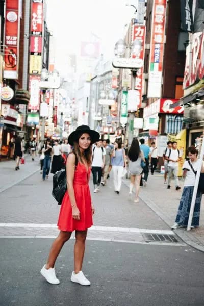 Red Mini Sundress with White Sneakers & Black Felt Hat