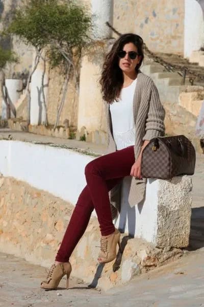 Grey Ribbed Longline Cardigan with Maroon Jeans & Heeled Boots