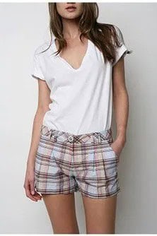 White V Neck T Shirt with Pale Blue Plaid Mini Shorts