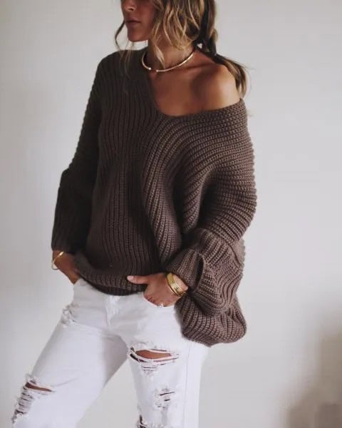 Grey One Shoulder Slouchy Sweater with White Ripped Boyfriend Jeans