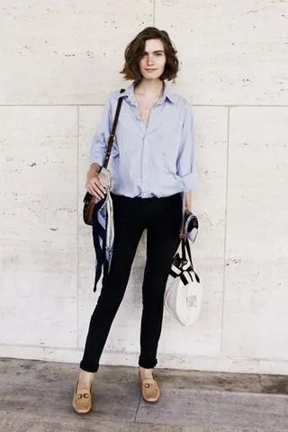 Light Blue Button Up Shirt with High Rise Black Skinny Jeans & Leather Loafers