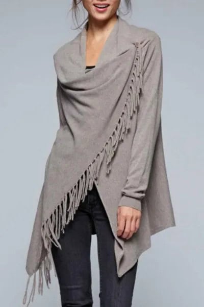 Grey Fringe Wrap Cardigan with Black Skinny Jeans