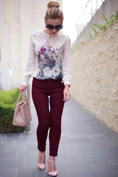 White Chiffon Floral Blouse with Black Skinny Pants