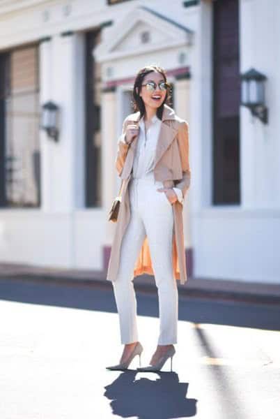 Beige Long Trench Coat with All-White Outfit