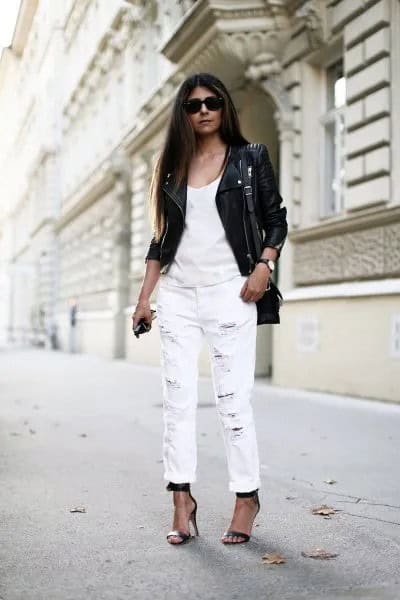 Black Leather Moto Jacket with White Tank Top & Straight Leg Cuffed Jeans