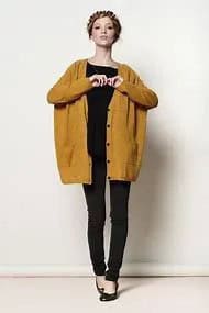 Dark Mustard Yellow Chunky Cardigan Sweater with Black Tee