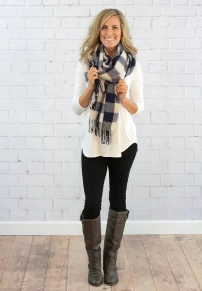 Long Sleeve Tee with Grey and White Plaid Scarf & Knee High Boots