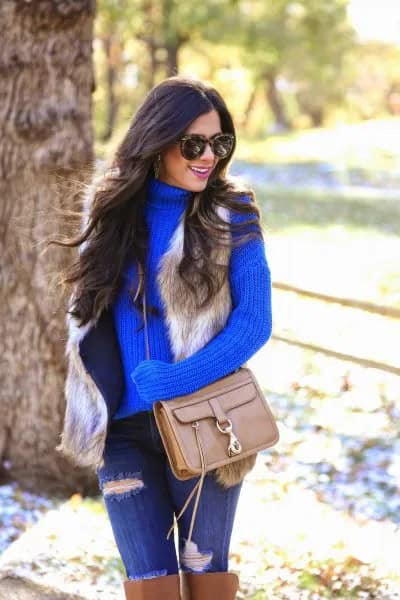 Turtleneck Ribbed Sweater with Blue Jeans & Over The Knee Brown Boots