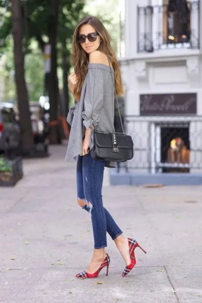 Grey Off The Shoulder Blouse with Blue Ripped Ankle Jeans & Plaid Shoes