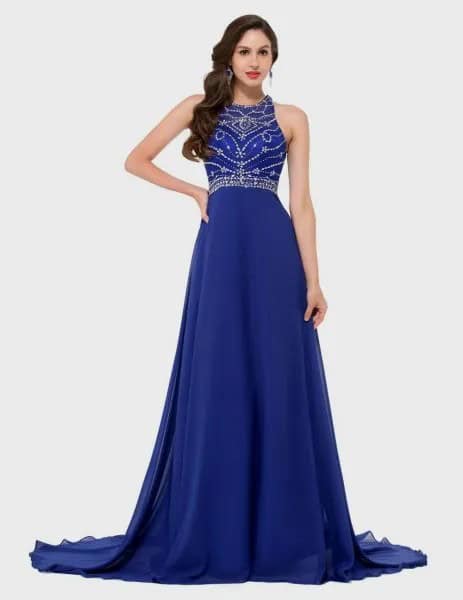 Halter Neck Sequin Detailed Fit and Flare Royal Blue Long Dress