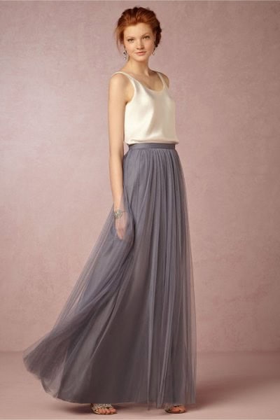 White Silk Vest top with Grey Long Tulle Skirt