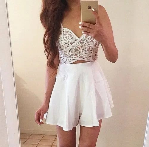 White Lace Bralette with High Waisted Mini Skirt