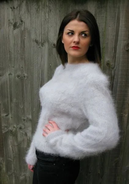 White Crew Neck Mohair Sweater with Black Skinny Jeans