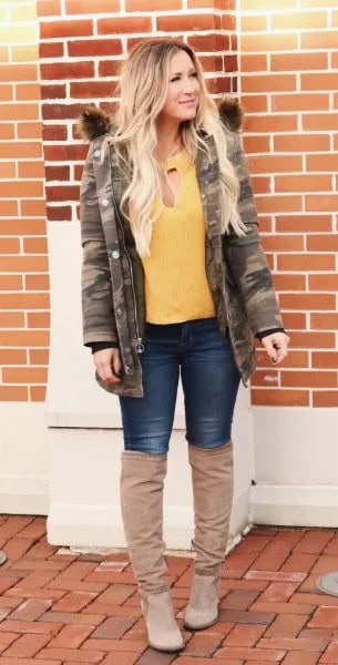 Yellow Blouse with Camo Jacket & Over The Knee Boots