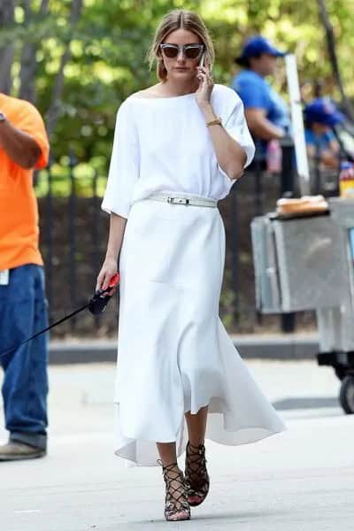 White Boat Neck Sweater with Maxi Dress & Belt