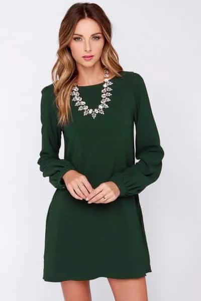 Long Sleeve Mini Sheath Dress with Silver Statement Necklace