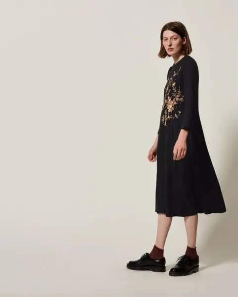 Black Floral Midi Swing Dress with Oxford Shoes