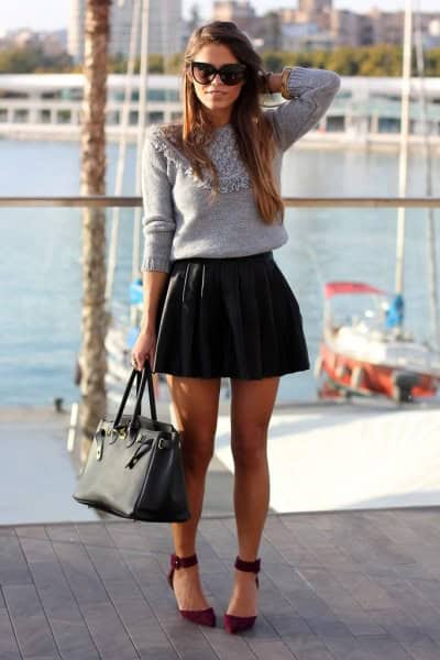 Grey Sweater with Black Mini Skirt & Ballet Heels