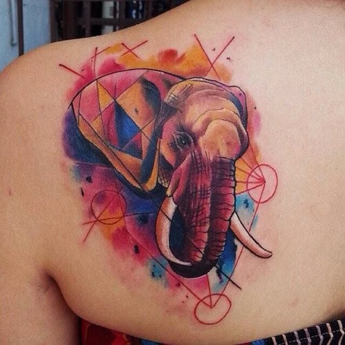 Watercolor Elephant Tattoo on Upper Back Designs for Women