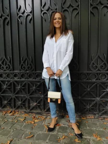 White Button Up Shirt with Light Blue Skinny Jeans & Black Flats