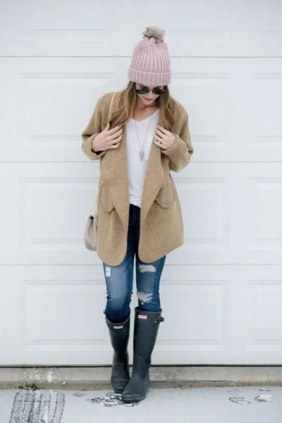 Camel Coat with White Tee & Ripped Jeans