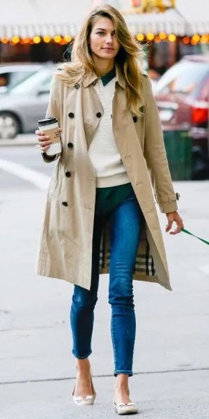 Long Trench Coat with White Sweater & Blue Jeans