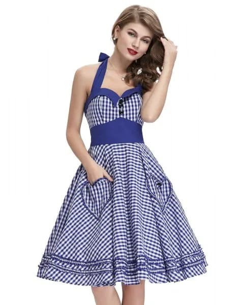 Blue and White Halter Neck Fit and Flare Sweetheart Neckline Dress