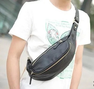 White Print Tee with Small Black Leather Bag