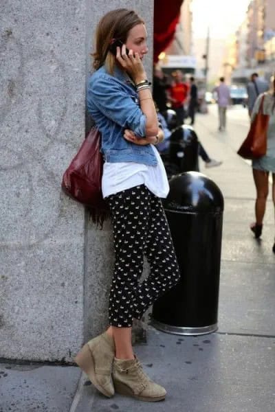 Black Polka Dot Pants with White Tee & Denim Jacket