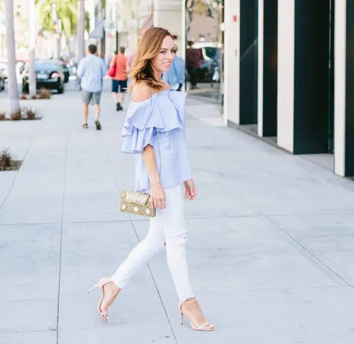 Sky Blue Ruffle Top with White Skinny Jeans