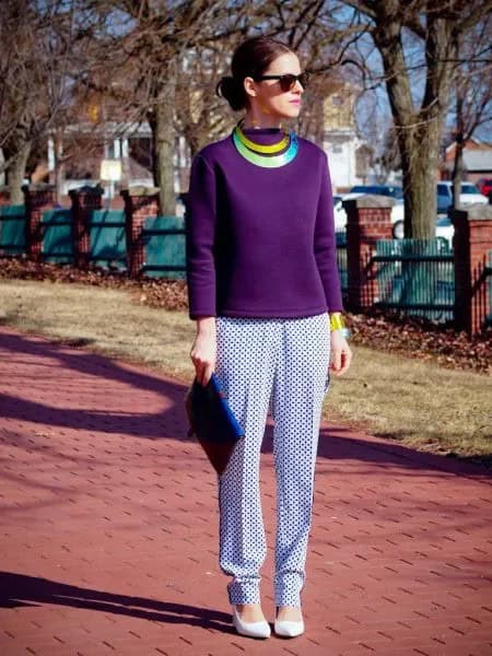 Purple Long Sleeve Top with White & Navy Printed Relaxed Fit Pants