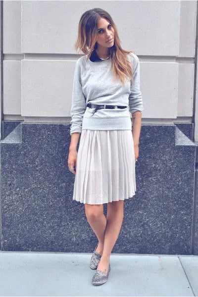 Grey Belted Relaxed Fit Sweater with Pleated Knee Length Skirt & Silver Spiked Loafers