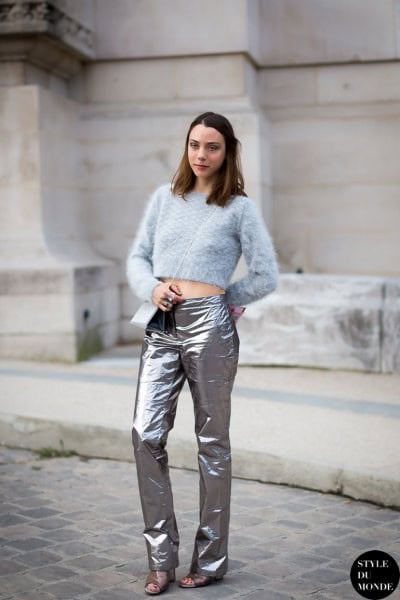 Light Blue Cropped Knit Sweater with Silver Pants & Sandals