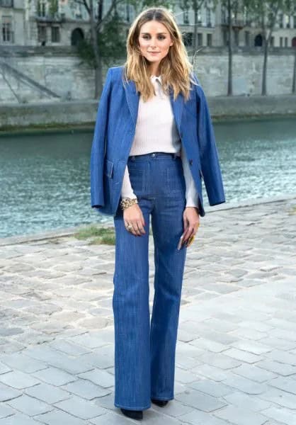 Denim Blazer with Matching High Waisted Flare Jeans