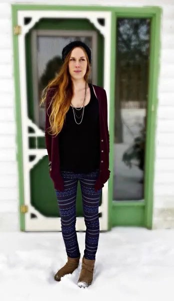 Black Scoop Neck Tank Top with Cardigan & Tribal Printed Fleece Leggings